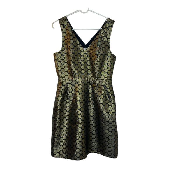 J. Crew New Gold Metallic Medallion V-neck Fit & Flare Dress Side Zipper Size 8 - Picture 1 of 6